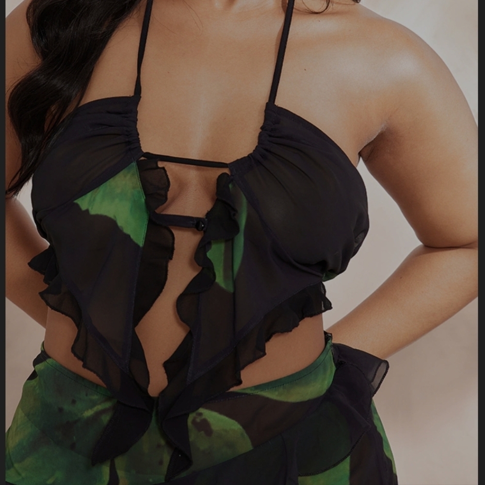 *SOLD* Black & Green Mesh Halter Crop Top